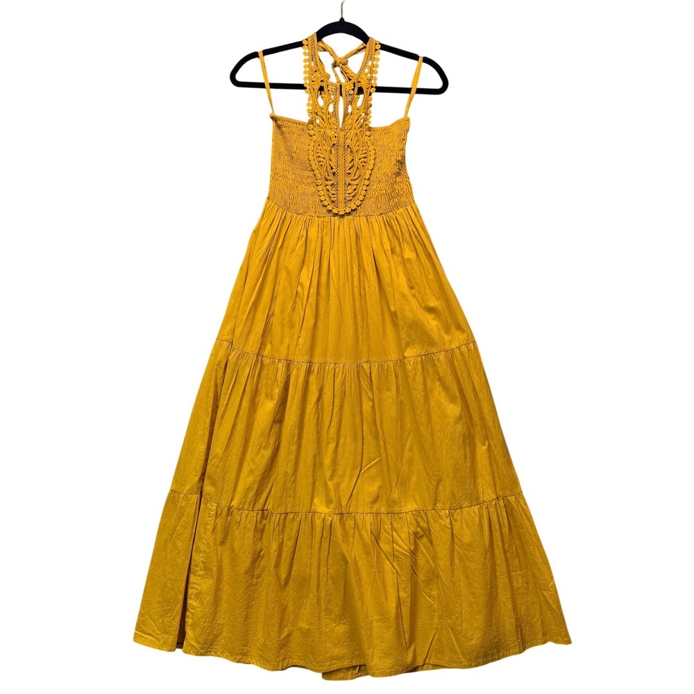 Halter Smocked Tiered Maxi Dress Crochet‎ Cottagecore Boho Gyspsy Hippie Mustard